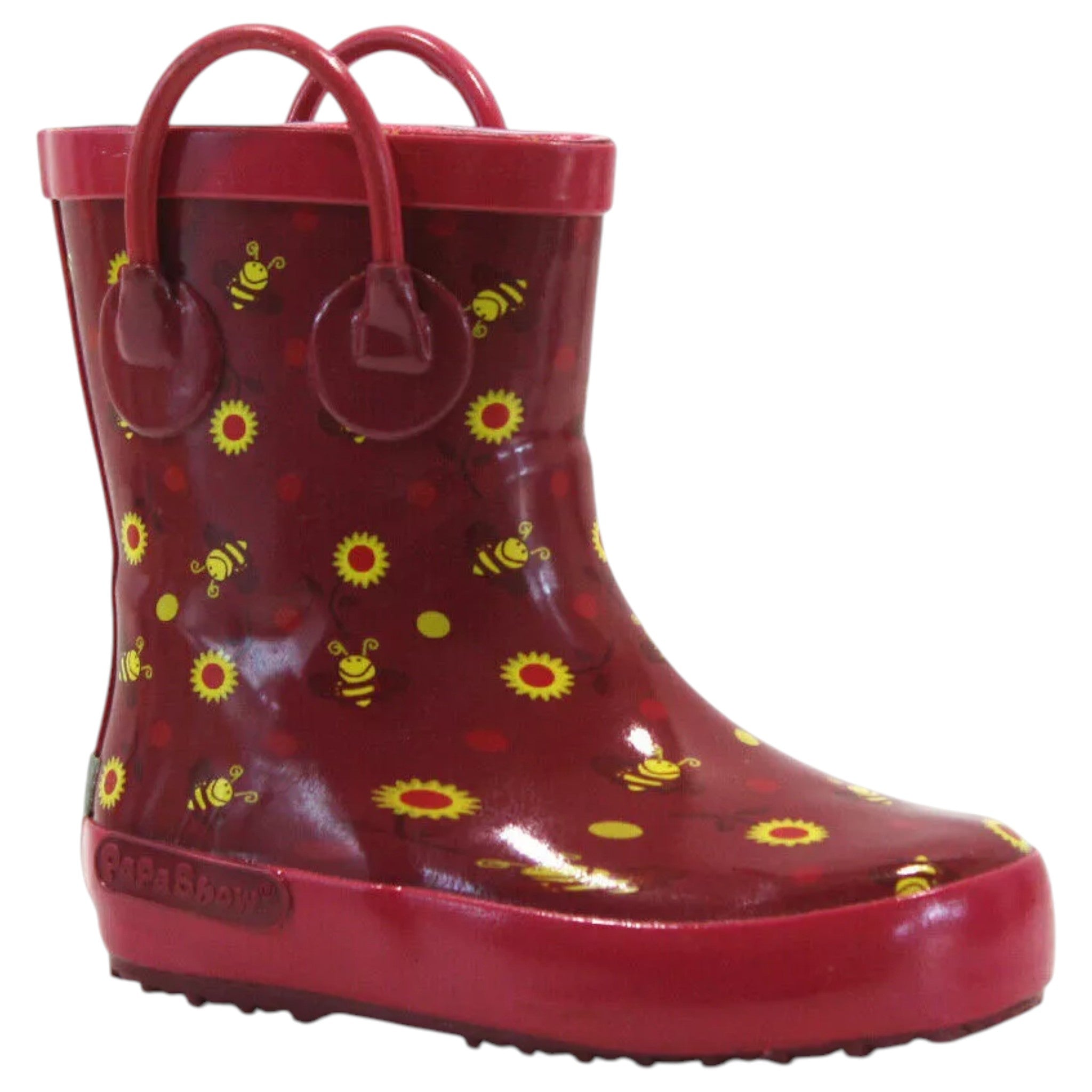 Childrens Girls’ pink wellies with yellow sunflower and bee print, waterproof boots with pull-on handles